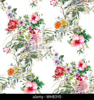 Aquarell von Blatt und Blumen, nahtlose Muster auf weißem Hintergrund Stockfoto