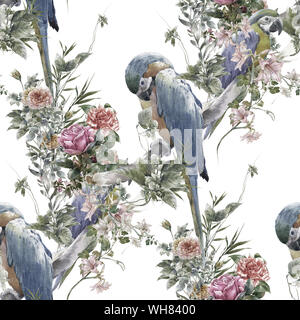 Aquarell Malerei mit Vögel und Blumen, nahtlose Muster auf weißem Hintergrund Stockfoto