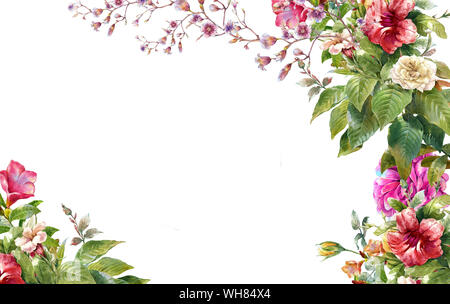 Aquarell von Blättern und Blumen auf weißem Hintergrund Stockfoto