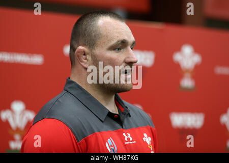 Cardiff, Großbritannien. 02 Sep, 2019. Wales Rugby Spieler Ken Owens. Wales 2019 Rugby WM-Kader Media Access Session im Vale Resort Hensol, in der Nähe von Cardiff, South Wales am Montag, den 2. September 2019. Die 31 Mann Wales Kader und Mannschaft der Beamten wird in Kürze für den Rugby World Cup 2019 in Japan stattfindet, beginnen noch in diesem Monat. pic von Andrew Obstgarten/Alamy leben Nachrichten Stockfoto