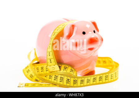 Begrenzt oder eingeschränkt. Kredit Darlehen schulden. Messen Sie Kosten. Sparschwein und Maßband. Budget limit Konzept. Wirtschaft und Finanzen. Pig trap. Haushalt Krise. Planung Budget. Business problem. Stockfoto