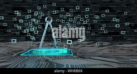 Digital Engineering, Kompasse auf einem Brett mit Bausteinen und Hologramme, 3D-Darstellung Stockfoto