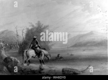 Gemälde von Alfred Jacob Miller (amerikanische Künstler), (1810-1874). Kanadischen Trappern über den Fluß, das Wasser testen, um zu sehen, wie tief sie ist, für die Expedition von Buffalo töten blendet zur Verfügung zu stellen, um Waffen zu decken. Stockfoto