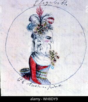 Elizabeth I. Aquarell Skizzen von Cassandra Austen: Einer von Sechs Skizzen für Jane Austen's Geschichte von England, 1790. Cassandra Austen, war die ältere Schwester von Jane Austen (1775-1817), mit dem Sie war sehr nah.. Elizabeth I (1533-1603), Königin von England und der Königin von Irland vom 17. November 1558 bis zu ihrem Tod. Elizabeth Ich war der fünfte und letzte Monarch der Tudor-dynastie, in ihrer Hälfte gelungen - Schwester, Maria I., regierte in einer Zeit der Wirren in Englisch Geschichte.. Stockfoto