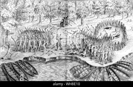 Samuel Champlain's Battle mit Indianern, erstellt 1613. Niederlage der Irokesen von Samuel de Champlain (1567-1635) und Algonquin Krieger im Jahre 1609 an der Stelle des heutigen Lake Champlain, New York. Stockfoto