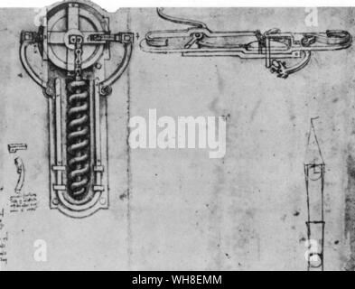 Ein Rad mit einem Schlüssel Winde eine Spiralfeder in Leonardo's Rad-Lock Mechanismus. Auf der rechten Seite ist ein feuerstein - sperren. Wenn die Feder freigegeben wird, wird die Feuerstein schlägt eine Metallstange, ein Funke. Leonardo da Vinci (1452-1519) war ein italienischer Renaissance Architekt, Musiker, Anatom, Erfinder, Ingenieur, Bildhauer, Geometer und Künstler. . . Stockfoto