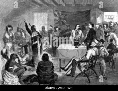 Die Sitting Bull Rat im Oktober 1877. Sitting Bull remonstrating der Kommission am Fort Walsh Britisches Territorium. . Stockfoto