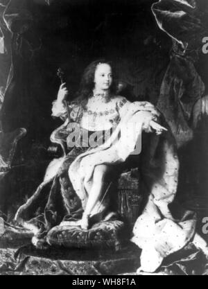 Louis XV. von Frankreich von Hyacinthe Rigaud 1715. Französischen Barock Maler, (1659-1743). Der junge Louis XV (1710-1774), bekannt als Louis das Well-Beloved, zum Verfall der königlichen Autorität und dem Ausbruch der Französischen Revolution 1789 durch seine unpopuläre Herrschaft beigetragen. Der Sonnenkönig von Nancy Mitford, Seite 236.. . . . . Stockfoto