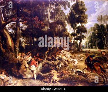Wildschwein Jagd (1618-1620) von Peter Paul Rubens (1577-1640). Flämische barock Maler. Öl auf Holz. Hier Rubens' Beherrschung der Landschaft steht im Vordergrund, sondern die Jagd. Gibt es den dramatischen Sinn der Jäger in Diagonal hetzen an den Ecken der Malerei. . . . . . Stockfoto