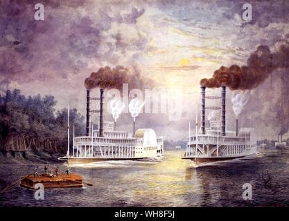 Steamboat Race auf dem Mississippi 1859. Mark Twain und seine Welt, von Justin Kaplan, Seite 18. Zwei Schaufelrad Dampfschiffe rennen sich gegenseitig den Mississippi. Eine gemeinsame Sicht während der 1800er und frühen 1900er Jahre, dampfschiffe waren ein effizienter Weg, Waren und Personen zu transportieren. Darüber hinaus werden die Schiffe wurden oft für Unterhaltung, wie z. b. Die showboats, auf Theater Produktionen auf dem Fluss und abgelegt werden. . . . . . . . Stockfoto