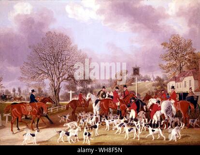 Fox-Hunter's Treffen. Hertfordshire Jagd 1839. James Pollard (britische Maler, 1792-1867). Die Geschichte der Foxhunting von Roger Longrigg. Stockfoto