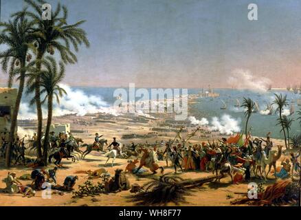 Schlacht von Aboukir, 1798, durch L F Lejeune. Der Blaue Nil von Alan Moorhead Seite 158-9.. Der Kampf des Nils, in Frankreich als die Schlacht von aboukir Bay bekannt, war ein wichtiger Seeschlacht der französischen revolutionären Kriege zwischen einer britischen Flotte unter dem Kommando von konteradmiral Horatio Nelson und eine französische Flotte unter Vizeadmiral François-Paul Brueys D'Aigalliers. Französischen Verluste waren so hoch wie 1.700 Toten (einschließlich Brueys) und 3.000 erfasst. Britische Verluste waren 218 tot.. . Stockfoto