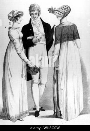 Abendkleid des achtzehnten Jahrhunderts. Jane Austen (1775-1817) eine wichtige englische Schriftsteller. Ein Porträt von Jane Austen von David Cecil. Stockfoto