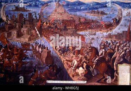 Der Eroberung von Tenochtitlán, unbekannter Künstler, die von den Konquistadoren von Hammond Innes, Seite 142. Das Gemälde zeigt der Eroberung von Tenochtitlán (heute Mexiko-Stadt). Die Schlacht zwischen dem Spanier unter Hernán (Do) Cortés, Marqués del Valle de Oaxaca (1484-1547) und die mexica unter der letzten Aztekischen Führer Cuauhtémoc (c.1502-1525) ist eher eine Belagerung genannt. Es begann im Mai 1521 und dauerte bis in August. Mit neu gebauten Schiffe, die Spanische kontrollierte die See rund um die Insel und blockierten die Stadt. Letztlich Cortés bestellt die komplette Zerstörung von Tenochtitlán, Stockfoto