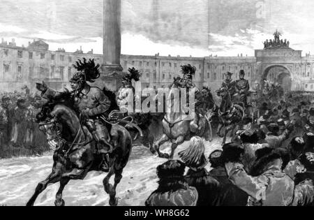 Ankunft des neuen Kaiser und Kaiserin von Russland im Winterpalast, St. Petersburg, 1881. Alexander III. (1845-1894) regierte als Kaiser von Russland vom 14. März 1881 bis zu seinem Tod im Jahr 1894. . Stockfoto