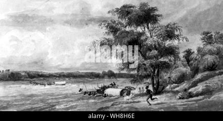 Wattiefe der Vaal River. Gemalt von Charles Davidson Bell (1813-1882), produktiver Künstler in vielen Medien ist auch berühmt für seinen Entwurf des Kaps dreieckige Briefmarke. Die African Adventure - eine Geschichte von Afrikas Entdecker von Timothy Severin, Seite 143. Stockfoto