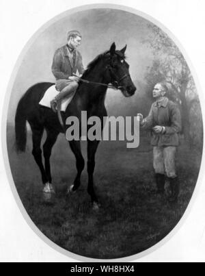 Meister bei der Arbeit" - Nijinsky, Lester Piggott, Vincent O'Brien. Das Pferd war in Kanada im Jahre 1967 gezüchtet. seinen Stammbaum auf S. 284 beschrieben ist. Er wurde zweimal am Ende einer langen drei-jährigen Saison besiegt, durch Sassafras und Lorenzaccio, aber er war ein tolles Pferd und voll von der 'Elektrizität' Merkmal der besten Nachkommen von Nearco. Der Jockey wurde 1936 geboren. Er fuhr seinen ersten Sieger am 13. Er das Derby gewann auf Nie Sagen mit 18 sterben, und gewann es wieder auf Crepello (1957), St Paddy (1959), Sir Ivor (1968), Nijinsky (1970) und Roberto (1972). Der Trainer - die Kleinkindtaufe Michael Victor, geboren 1917 - Stockfoto