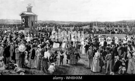 Dies ist Derby Tag 1886, in der Woche vor der WM. Der viktorianische Derby wurde 1855 eingeweiht. Es zog viele Interessierte nur weniger groß als jene für die Schale, obwohl in dieser privilegierten Paddock Bereich alle reimt und nüchtern. Der Sieger war Trident, Zentrum (von Robinson Crusoe durch Angler, Fischer). Andere im Bild gehören der Herzog von Manchester und Miss Blair die Aborigines, in der sailorsuit. Die Geschichte der Pferderennen von Roger Longrigg, Seite 262. Stockfoto