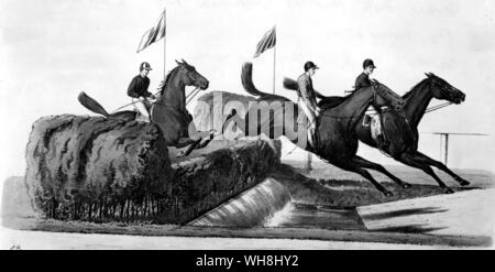 Jerome Park. Dies ist das Handicap Steeplechase Geldbeutel von $ 600, $ 100 in die zweite, das am 6. November 1877 ausgeführt werden. Von rechts die Pferde sind blinden Passagier, New York und Dandy. beendeten sie in dieser Reihenfolge. Rennen wie diese so stieg die Popularität von Jerome Park, der die normalerweise leer Gras hängen (siehe Abbildung S. 224) ist mit eleganten Damen und ihre Begleiter Herren erwärmt.' Die Geschichte von Pferderennen von Roger Longrigg, Seite 232-3. Stockfoto