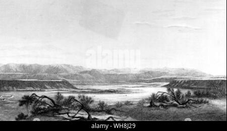 Fluss Santa Cruz und Sicht auf die Anden. "Der Fluch der Sterilität ist auf dem Land, und das Wasser fließt über ein Bett aus Kieselsteinen, nimmt der gleichen Fluch." von Darwin und der Beagle von Alan Moorhead, Seite 145. Stockfoto