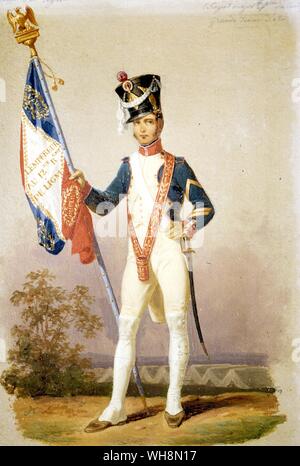 ... Seine grundlegenden Power-Base, das Instrument, mit dem er endlich oben angekommen hatte...". Infanterie der Linie - Sergeant Major Adler Träger 1809. Details aus der Malerei Arten Militärs du 1 re Empire von Pierre und Hippolyte Lecomte. Musée de l'Armee, Paris. Stockfoto