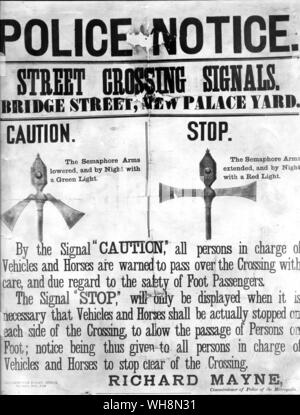 Motorische Handlungen. Bekanntmachung über die erste Ampel System vom 10. Dezember 1868 datiert Stockfoto