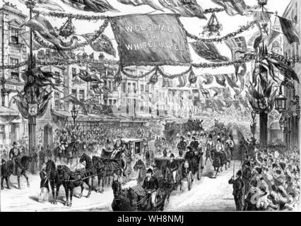 1887, das Jahr ihrer Goldenen Jubiläum der Queen Victoria East End von London die königliche Prozession in High Street, Aldgate, der Grenze Stockfoto