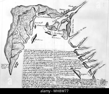 17. jahrhundert Chart, kombiniert mit Blick von seewärts, der Pazifischen Küste. Delta des San Juan River, wo Pizarro machte eine erfolglos versuchen, im Landesinneren auf seiner zweiten Expedition zu durchdringen Stockfoto