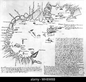 17. jahrhundert Chart, kombiniert mit Blick von seewärts, der Pazifischen Küste. Der Golf von Panama, von denen die spanische Expeditionen, Stockfoto