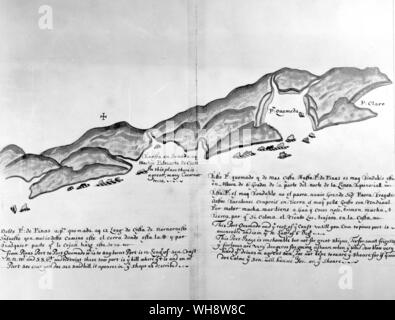 17. jahrhundert Chart, kombiniert mit Blick von seewärts, der Pazifischen Küste. Quemado, wo Pizarro auf seiner ersten Expedition verwundet wurde Stockfoto