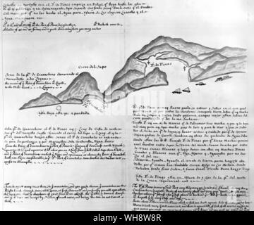 17. jahrhundert Chart, kombiniert mit Blick von seewärts, der Pazifischen Küste. Die am entferntesten Punkt reachedby Andagoya, Punta Pinas Stockfoto