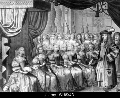 Ludwig XIV., König von Frankreich, der Sonnenkönig, (1638-1715), (regierte 1643-1715), bei den Damen am Hof. Ein Kupferstich aus der almanack von 1667. Der Sonnenkönig von Nancy Mitford, Seite 27. Stockfoto
