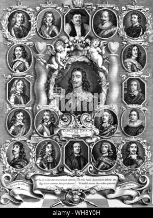 Royalisten Dramatis Personae von einem frühen achtzehnten Jahrhundert Edition der Geschichte der Clarendon der Großen Rebellion 18 Unterstützer in der Umgebung des Königs, zehn vor ihm zum Schafott die anderen acht im Kampf gestorben oder Stockfoto