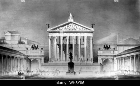 Das Forum Julii, den Platz und Markt gebaut von Julius Caesar, mit dem Tempel der Venus Genetrix, Rom. Von einer Rekonstruktion von olindo Grossi.. Stockfoto