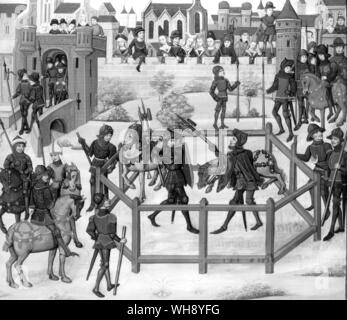 König Arthur den Kampf gegen die Römischen Tribut fifteeth Flollo aus einer französischen Chronik Stockfoto