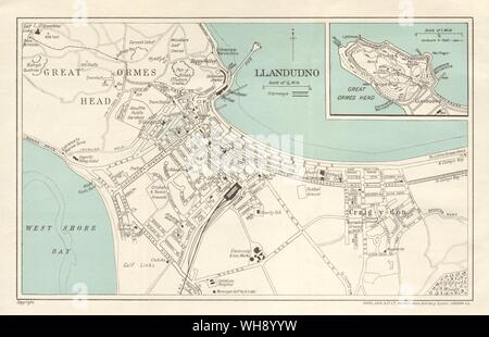 LLANDUDNO vintage Ort/Stadt planen. Great Orme's Kopf. Wales. Station 1934 Karte sperren Stockfoto