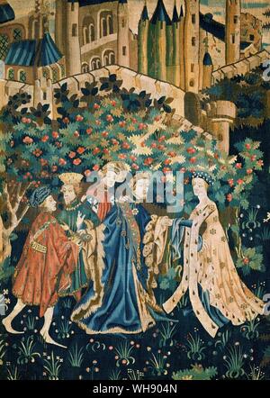 Geoffrey Chaucer wird eine Seite von Arras Tapisserie Stockfoto