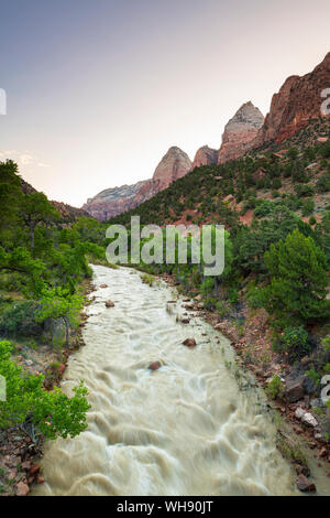 Blick hinunter vom Virgin River, der Wächter, der Zion National Park, Utah, Vereinigte Staaten von Amerika, Nordamerika Stockfoto