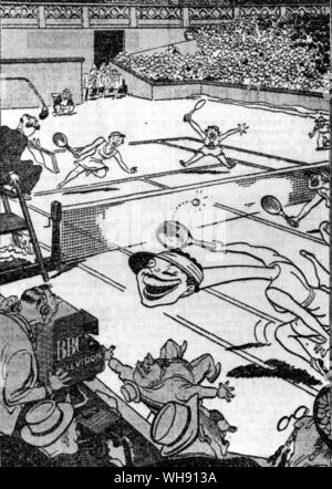 Lee's Cartoon in der London Evening News am Tag der ersten Nachkriegszeit Wightman Cup entsprechen den folgenden Bildunterschrift: "Nein, sie ist nicht ganz an ihre Form noch heute. Sie ist eher Fernsehen bewusst". Stockfoto