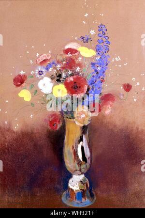 Fleurs de champs dans un Vase-c 1912. Wilde Blumen in einer Langhalslaute Vase eine lange Col.. von Odilon Redon (April 22, 1840 - Juli 6, 1916), eine Symbolistische Maler, in Bordeaux, Aquitaine, Frankreich.. im Musée d'Orsay, Paris, Frankreich. Stockfoto