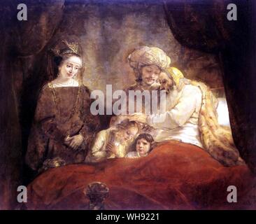 Jakob Segen seine Enkelkinder in Anwesenheit von Joseph und ihre Mutter Asnath. von Rembrandt. In der Staatsgalerie Gemaldegalerie, Kassel, Deutschland. Er sollte in der Regel die rechte Hand auf den Kopf des älteren Jungen Manasse platziert haben und nicht wie er auf Ephraims. Joseph war von dieser Geste unzufrieden und versuchte sie durch Erläuterung zu Jakob, dass er einen Fehler gemacht hatte, zu korrigieren. Jakob, seiner Frau und Ephraim waren respektvoll und friedlich für blinde Jakob.. Rembrandt Harmenszoon van Rijn (15. Juli 1606 bis 4. Oktober 1669) wird allgemein als einer der größten Maler in Stockfoto