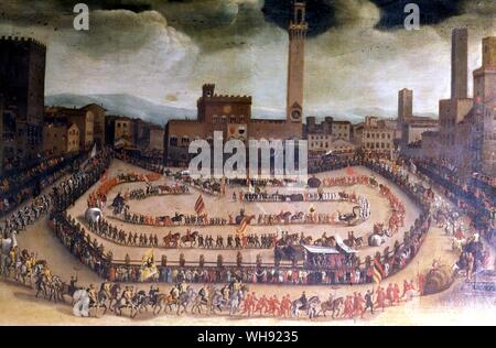 Die Prozession vor der Palio - 1546 von Lorenzo Fratellini. Kopie vom Original von Anon. Künstler. Azienda Auto-noma di Turismo Siena. Palio ist der Name in Italien zu einem jährlichen Treffen gegeben, sehr oft an einen historischen Charakter, Lochfraß die Nachbarschaften der Stadt oder die Weiler eine Gemeinde gegeneinander. In der Regel sind sie im Kostüm gekämpft und einige Ereignis oder die Tradition des Mittelalters zu gedenken, und somit oft mit Pferderennen, Bogenschießen, Fechten, Armbrust schießen, und ähnliche mittelalterliche Sport. Sobald eine reine Frage der lokalen Rivalitäten, viele haben jetzt Ereignisse werden Stockfoto