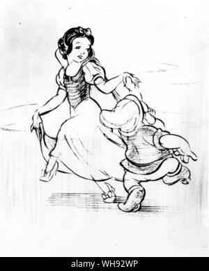 Schneewittchen und die sieben Zwerge. Guide Zeichnungen von Walt Disney für den Zeichentrickfilm, Schneewittchen und die sieben Zwerge, 1938. Snow White Tänze mit mürrisch. Stockfoto