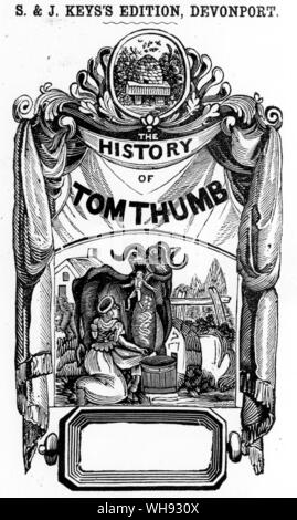 Die Abdeckung eines Pennys Geschichte von Tom Thumb gedruckt in Devonport, C. 1835. Der Holzschnitt zeigt Tom Thumb aus dem Maul der Kuh, seiner üblichen Art und Weise der Befreiung in überarbeiteten Versionen der Geschichte. Stockfoto