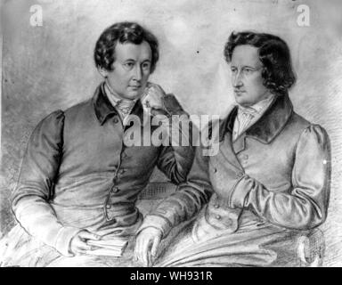 Jacob und Wilhelm Grimm. Zeichnung von ihren jüngeren Bruder Ludwig Emil Grimm.. Stockfoto