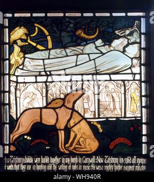 Das Grab von Tristan & Isolde - 1862. Kirchenfenster von Harden Grange, nr. Bingley, Yorkshire. William Morris (März 24, 1834 - Oktober 3, 1896) war einer der wichtigsten Gründer der britischen Arts und Crafts- Bewegung und wird am besten als Designer von Tapeten und gemusterten Stoffen bekannt, ein Verfasser von Lyrik und Belletristik, und ein Vorreiter der sozialistischen Bewegung in Großbritannien in der Nähe von London. . Lage © Bradford Kunstgalerien und Museen, West Yorkshire, UK. Stockfoto