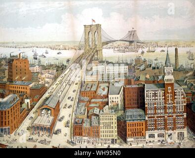 Brooklyn Bridge, New York, 1883. Stich von der Shugg Brüder. Stockfoto