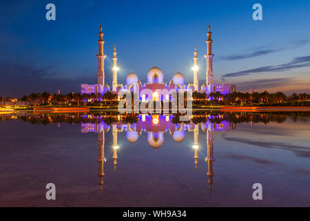 Sheikh Zayed Grand Moschee reflektiert in der Nacht, Abu Dhabi, Vereinigte Arabische Emirate, Naher Osten Stockfoto
