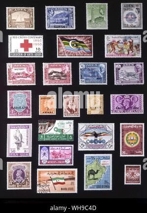 Asien - Südliches Arabien: (von links nach rechts) 1. Aden, 1 Rupie, 1937, 2. Aden, 2,5 Hannas, 1939, 3. Aden, 5 Cent, 1953, 4. Aden, 1,25 Schilling, 1959, 5. Verband der South Arabia, 15 Cent, 1963, 6. Federtion von Südarabien, 100 Fils, 1965, 7. Südjemen, 50 Fils, 1970, 8. Der kathiri State Seiyun, 1,5 Hannas, 1946. 9. Der kathiri State Seiyun, 50 Cent, 1954, 10. Qu'aiti State von Shihr und Mukalla, 2,5 Annas 1946, 11. Qu'aiti State in Hadhramaut, 1 Schilling, 1955, 12. Bahrain, 5 Rupien 1933, 13. Bahrain, 2 Hannas, 1948, 14. Bahrain, 75 Baye paise, 1960, 15. Kuwait, 6 Annas 1923, 16. Kuwait, Stockfoto