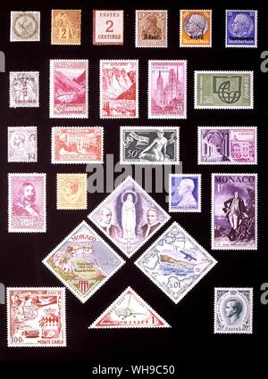 Europa - FRANZÖSISCHE GRUPPE: (von links nach rechts) 1. Französische Kolonien, 1 Rappen, 1862, 2. Französische Kolonien, 2 Rappen, 1881, 3. Elsaß-Lothringen, 2 Rappen, 1870, 4. Deutsche Western Befehl, 3 Rappen, 1916, 5. Elsass, 100 Pfennig, 1940, 6. Lorraine, 25 Pfennig, 1940, 7. Andorra, 0,5 Rappen, 1931, 8. Andorra, 90 Rappen, 1932, 9. Andorra, 3 Franken, 1955, 10. Europarat, 35 Franken, 1958, 11. UNESCO, 60 Rappen, 1966, 12. Monaco, 2 Centimes 1891 13. Monaco, 30 Rappen 1923, 14. Monaco, 50 Rappen, 1948, 15. Monaco, 15 Franken, 1952, 16. Monaco 10 + 10 Rappen 1939, 17. Monaco, 80 Stockfoto